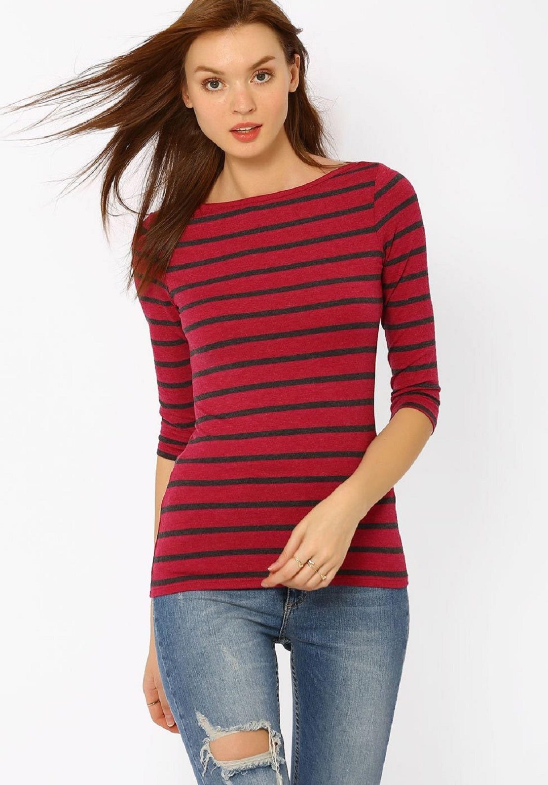 Ralph Lauren Women's Striped Stretch Cotton Top Red Size Large
