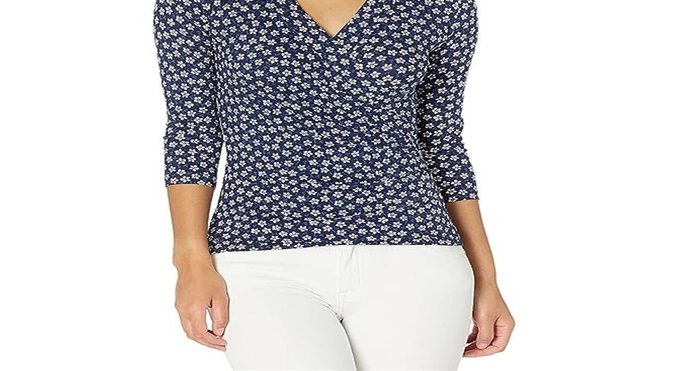 Ralph Lauren Women's Floral Wrap Style Jersey Top Blue Size X-Large
