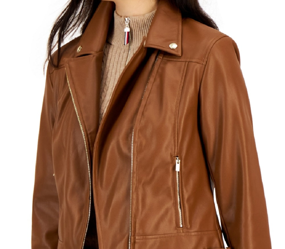 Tommy Hilfiger Women's Faux Leather Moto Jacket Brown Size X Small
