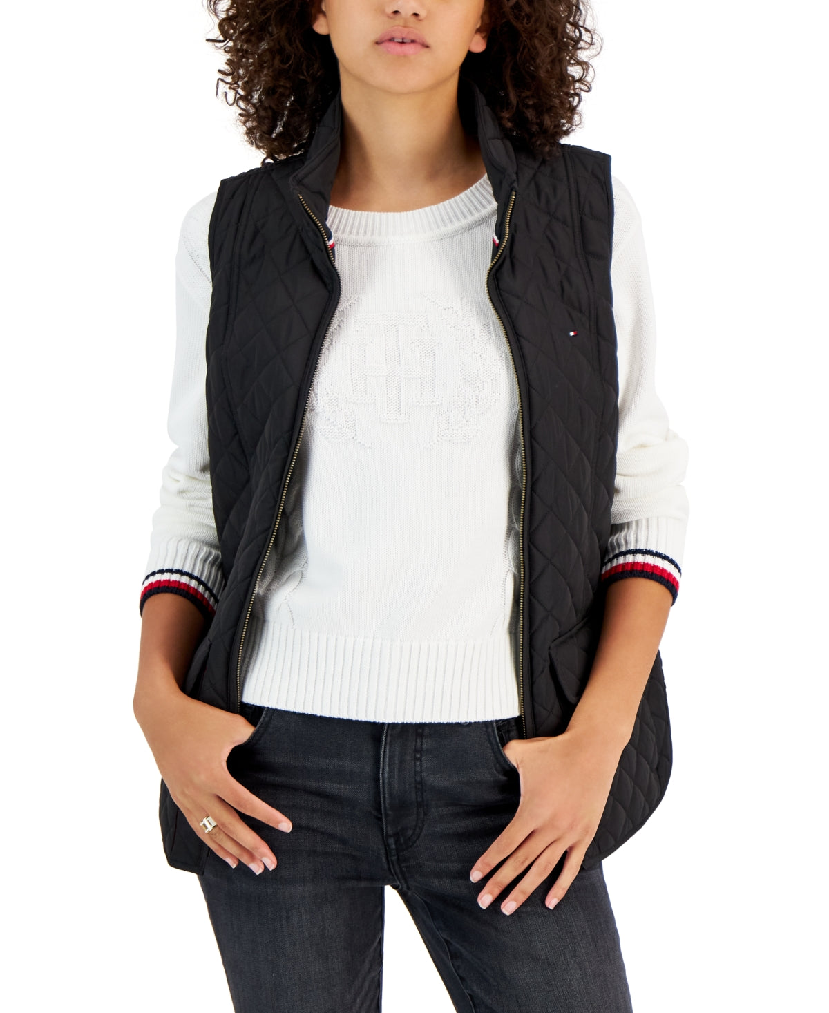 Tommy Hilfiger Women's Quilted Zip Front Vest Black Size Medium