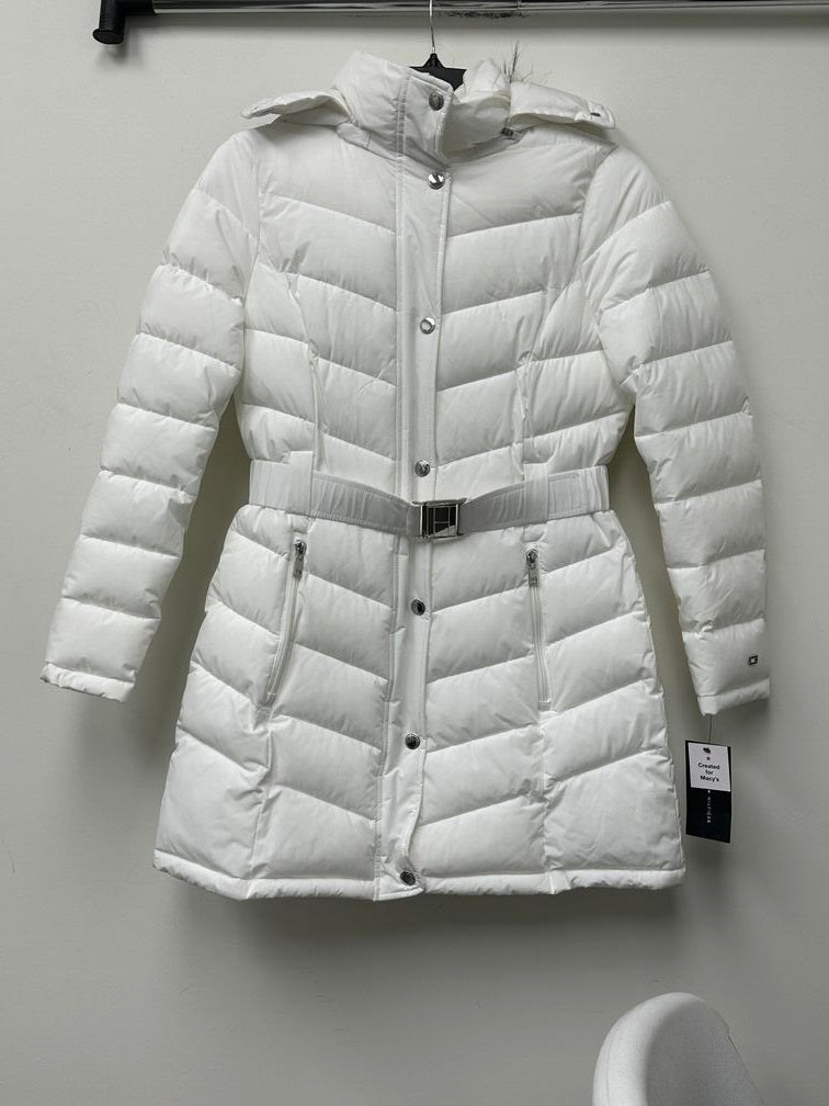 Tommy Hilfiger Women's Belted Faux Fur Trim Hooded Puffer Coat White Size Medium