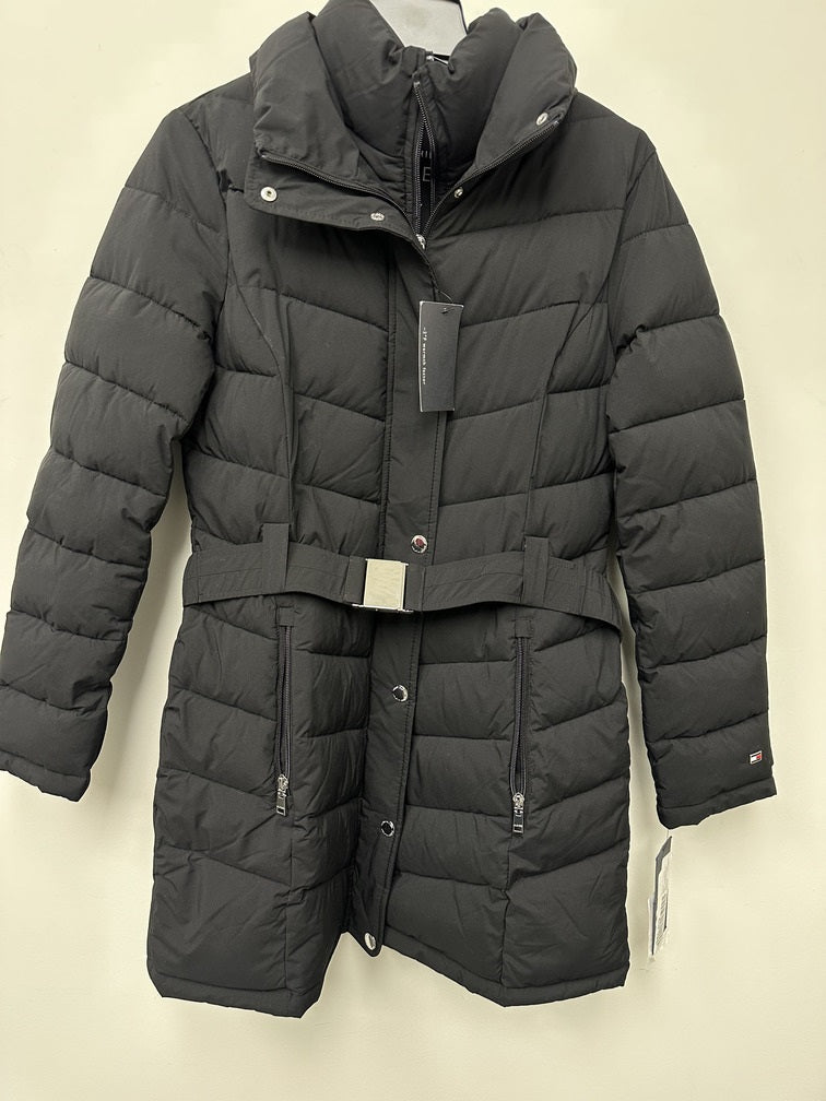 Tommy Hilfiger Women's Belted Faux Fur Trim Hooded Puffer Coat Black Size Medium