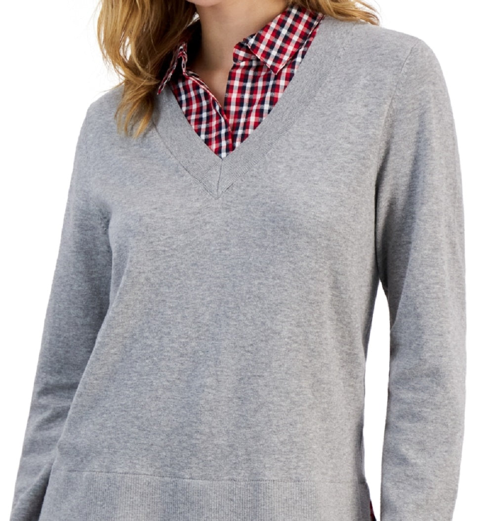 Tommy Hilfiger Women's Cotton Layered Look Sweater Gray