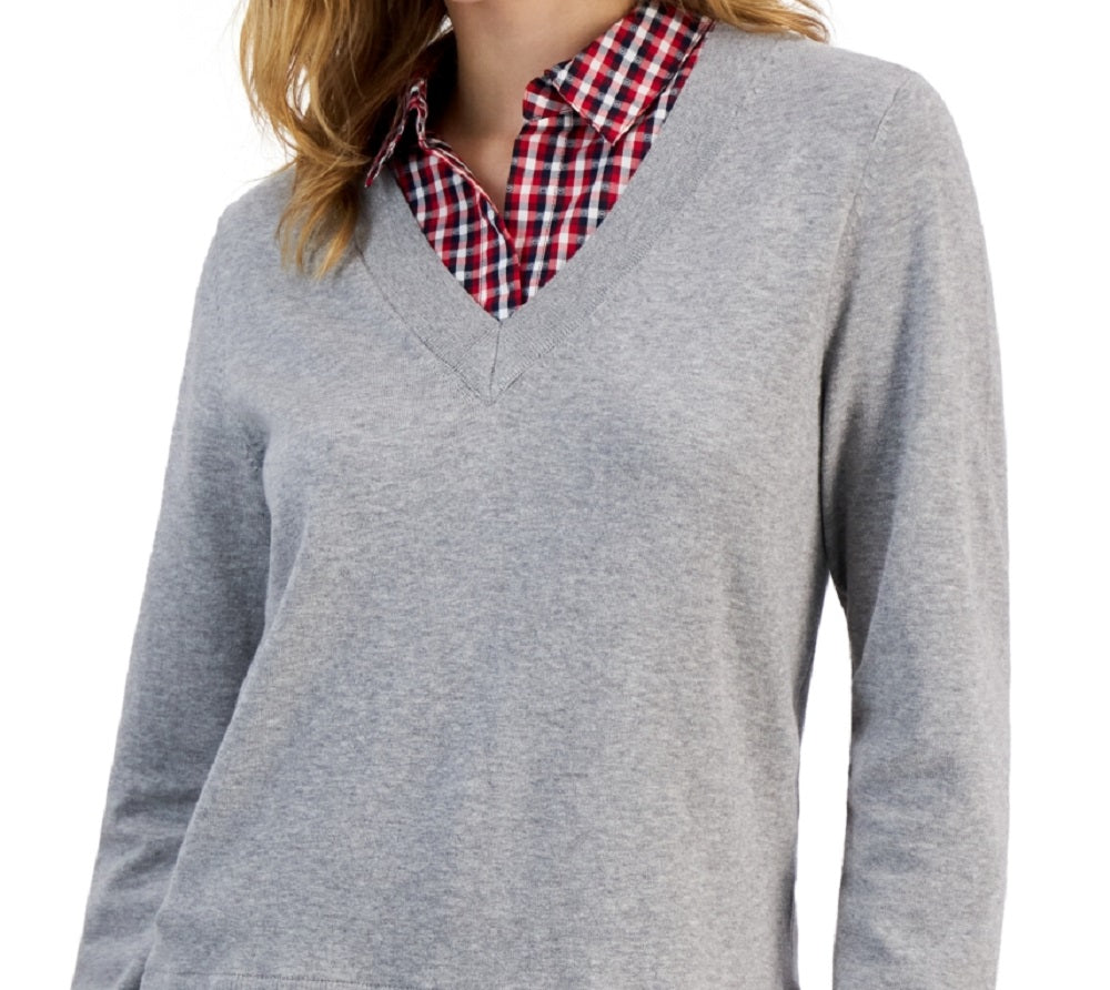 Tommy Hilfiger Women's Cotton Layered Look Sweater Gray
