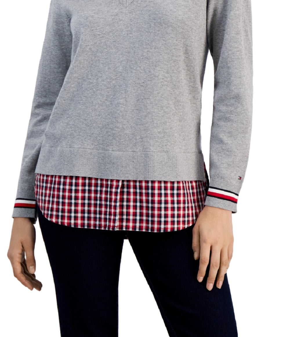 Tommy Hilfiger Women's Cotton Layered Look Sweater Gray
