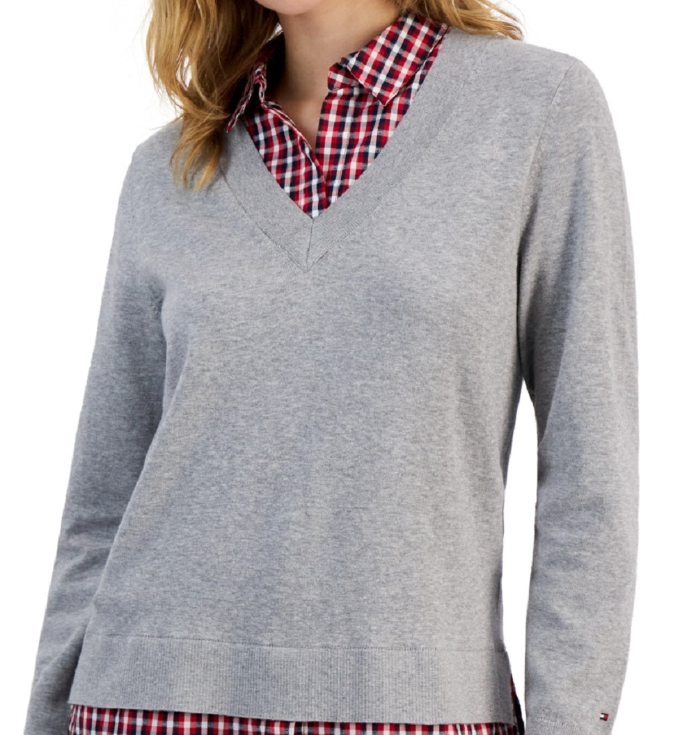 Tommy Hilfiger Women's Cotton Layered Look Sweater Gray