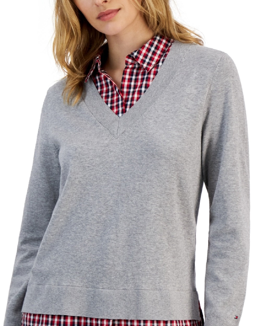 Tommy Hilfiger Women's Cotton Layered Look Sweater Gray Size Small
