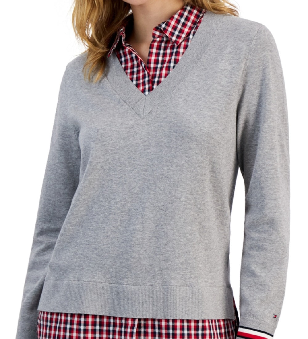 Tommy Hilfiger Women's Cotton Layered Look Sweater Gray