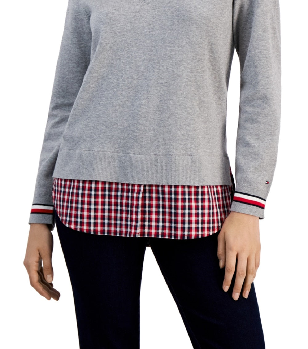 Tommy Hilfiger Women's Cotton Layered Look Sweater Gray