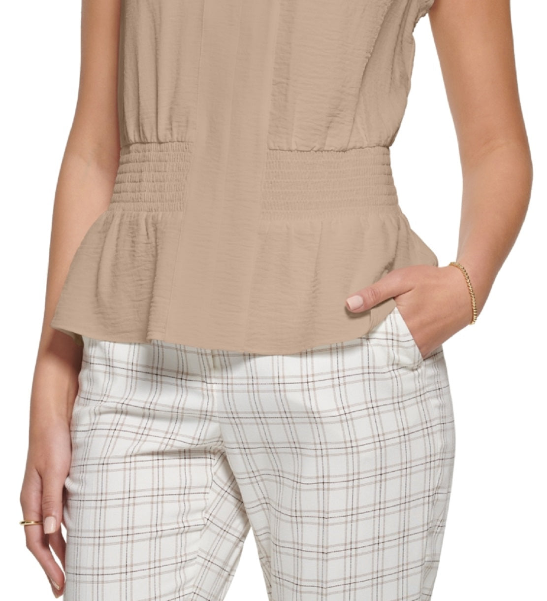 Tommy Hilfiger Women's Crinkled Ruffled Smocked Blouse Brown Size X-Large