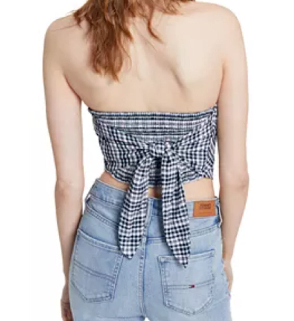Tommy Jeans Women's Plaid Smocked Scarf Bandeau Top Blue Size Large