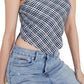 Tommy Jeans Women's Plaid Smocked Scarf Bandeau Top Blue Size Medium