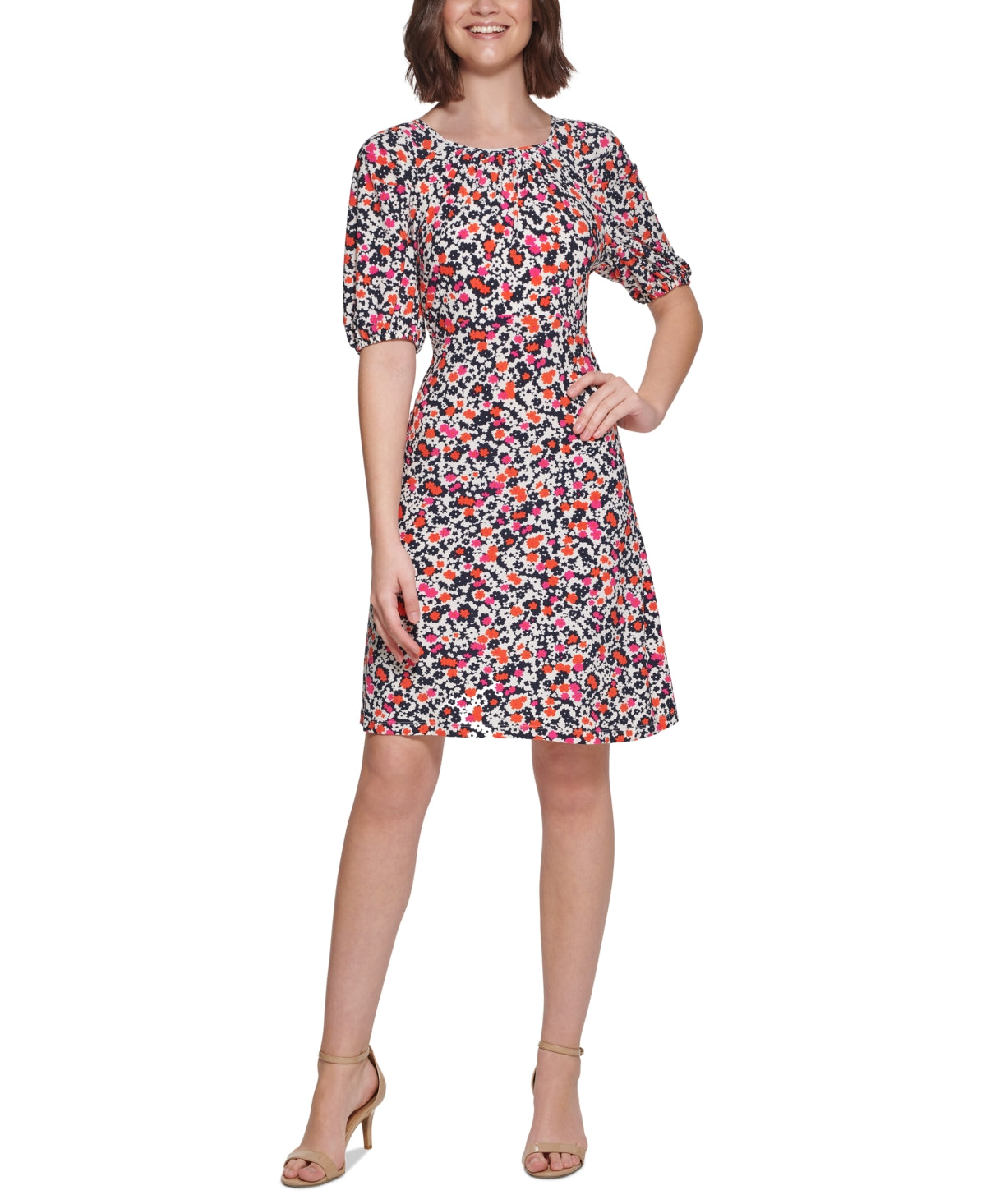 Tommy Hilfiger Women's Harbour Floral Fit & Flare Dress Pink Size 4Petite
