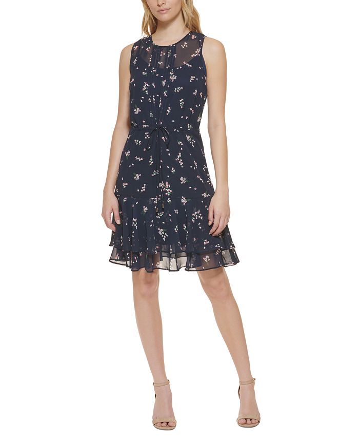 Tommy Hilfiger Women's Floral Print Fit & Flare Dress Blue Size 8Petite