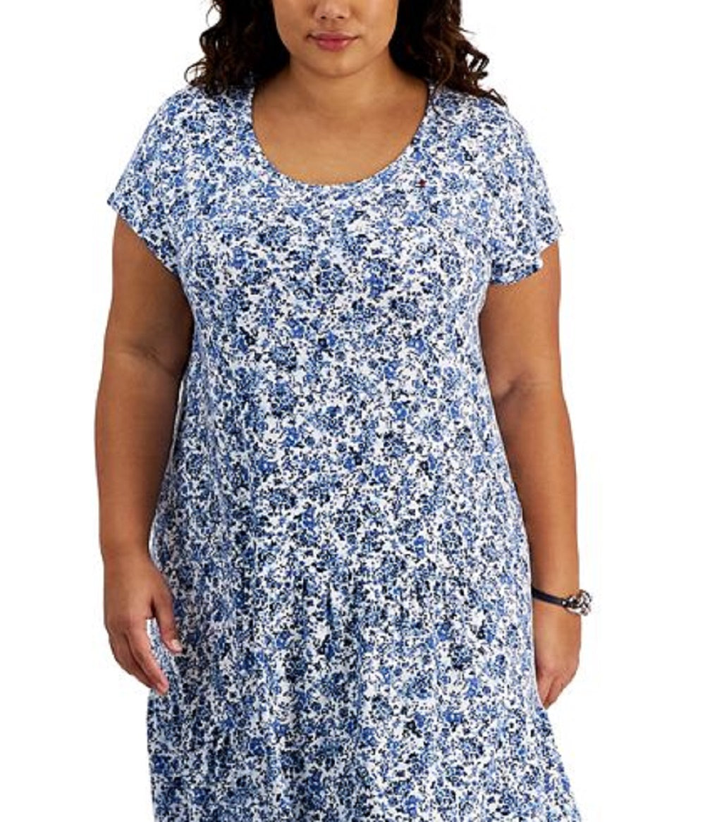 Tommy Hilfiger Women's Tiered Floral Midi Dress Blue Size 2X