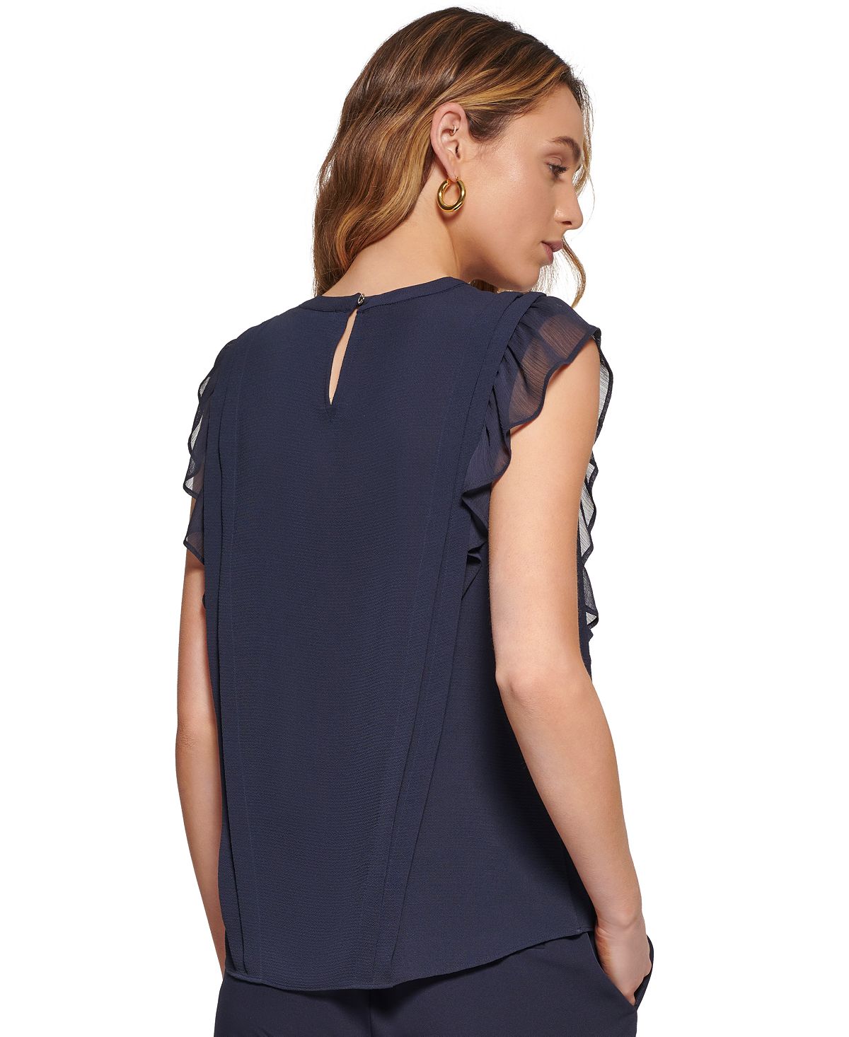 Tommy Hilfiger Women's Ruffled Sleeveless Blouse Blue Size Small