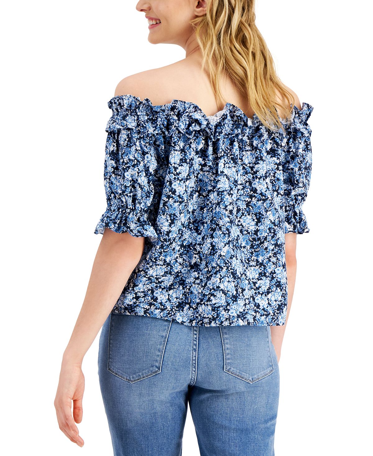 Tommy Hilfiger Women's Off The Shoulder Floral Print Top Blue Size Large