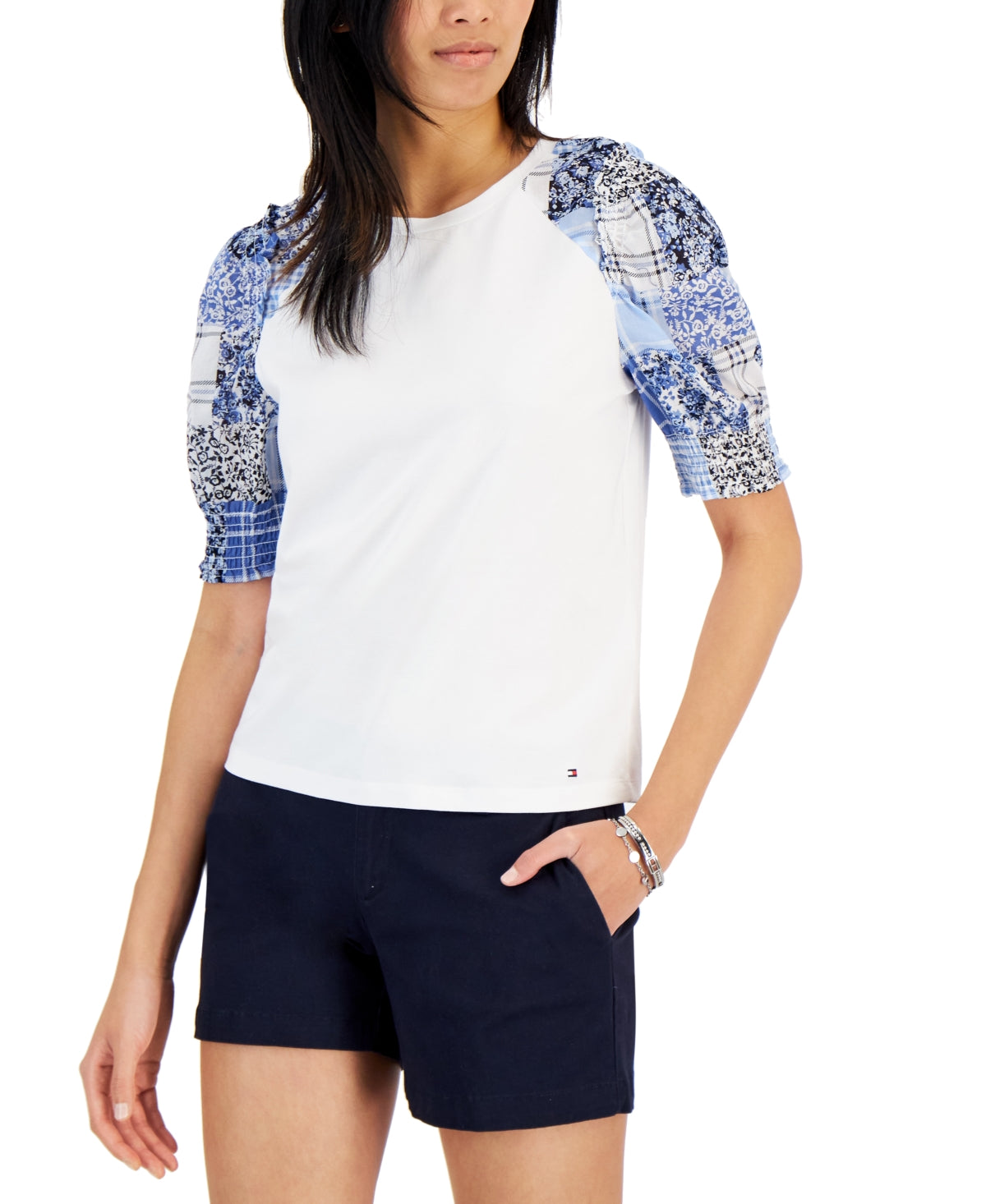 Tommy Hilfiger Women's Mixed Media Puff Sleeve Top White Size Large