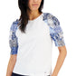 Tommy Hilfiger Women's Mixed Media Puff Sleeve Top White Size Large