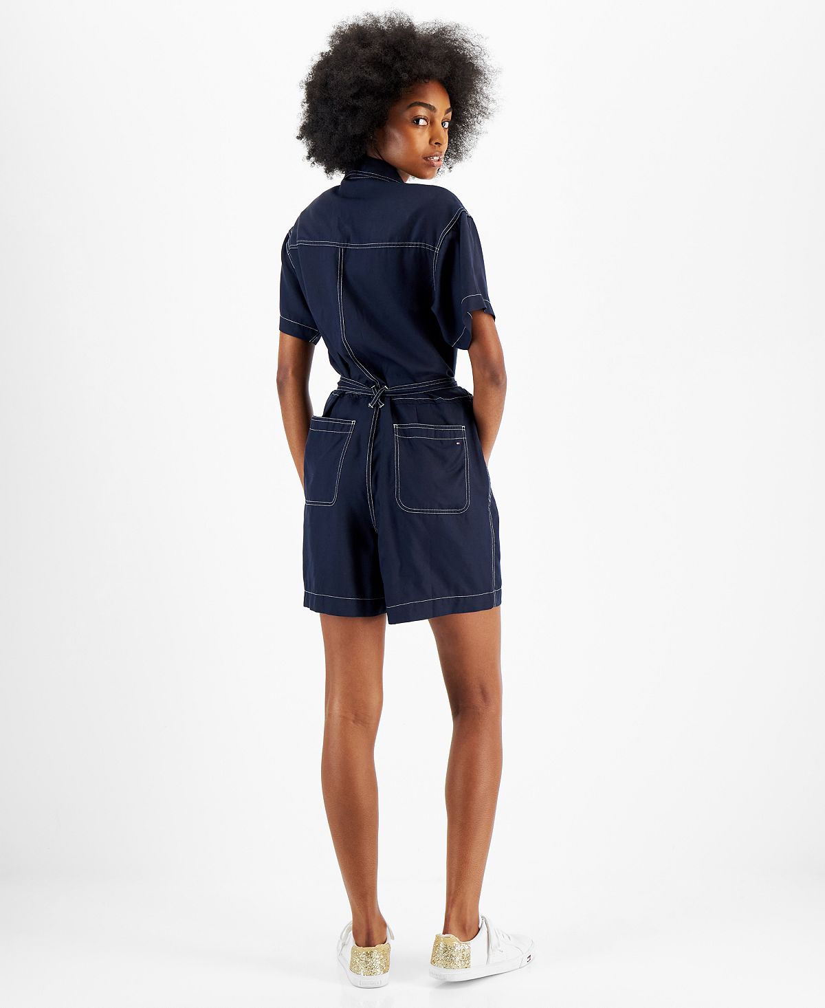 Tommy Hilfiger Women's Belted Button Down Romper Blue Size Medium