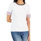 Tommy Hilfiger Women's Cotton Striped Sleeve T-Shirt White Size Medium
