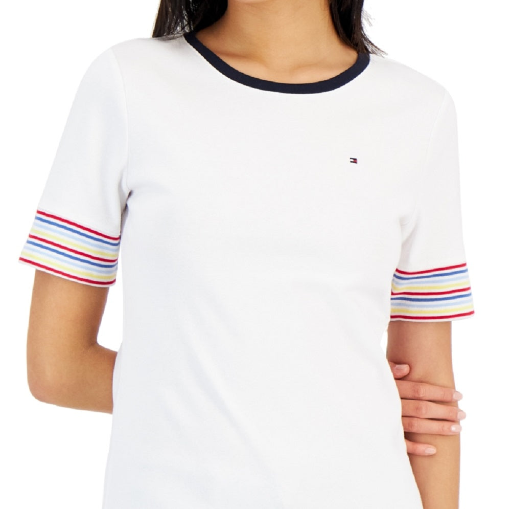 Tommy Hilfiger Women's Cotton Striped Sleeve T-Shirt White Size Medium