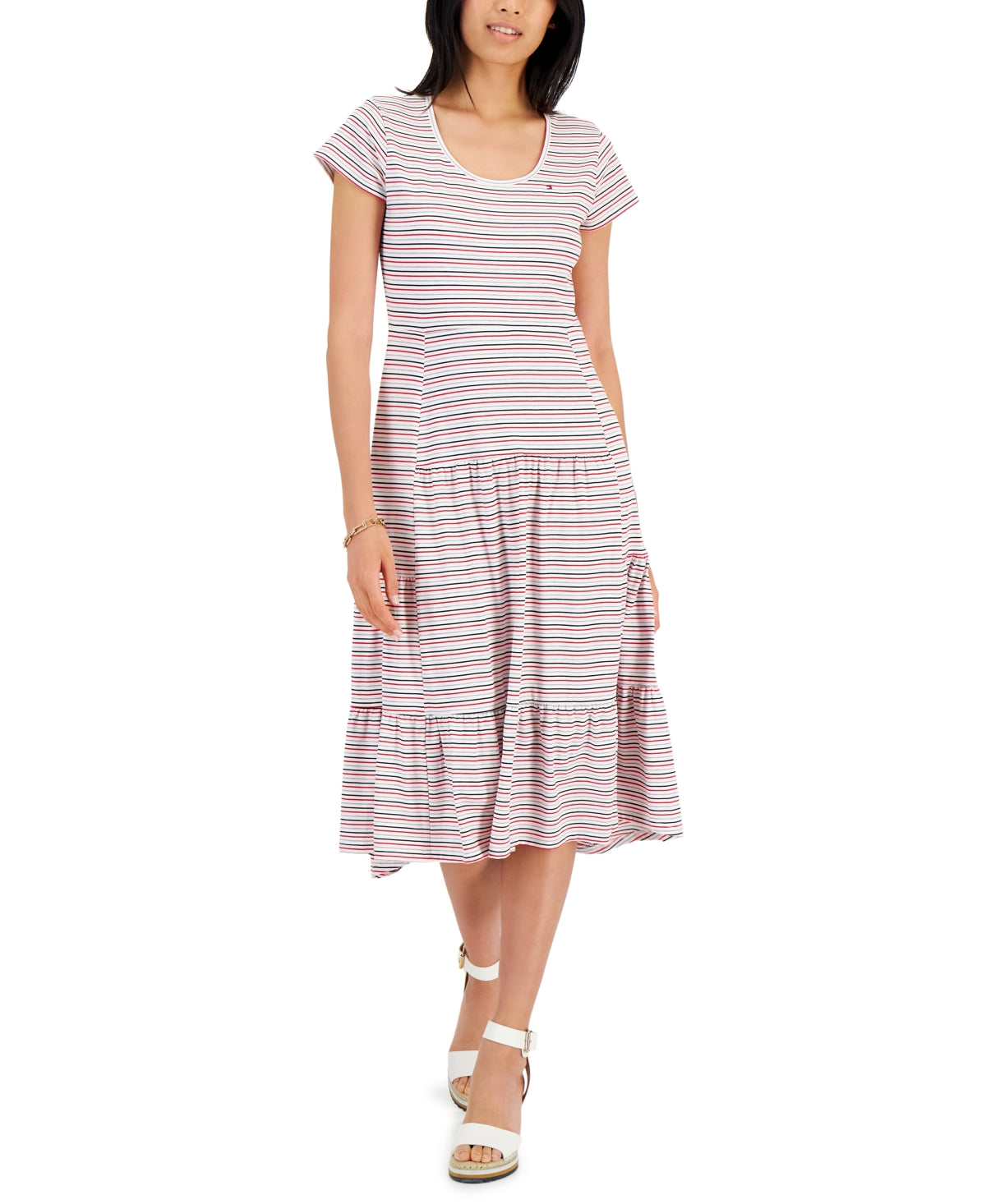 Tommy Hilfiger Women's Striped Tiered Midi Dress White Size Medium
