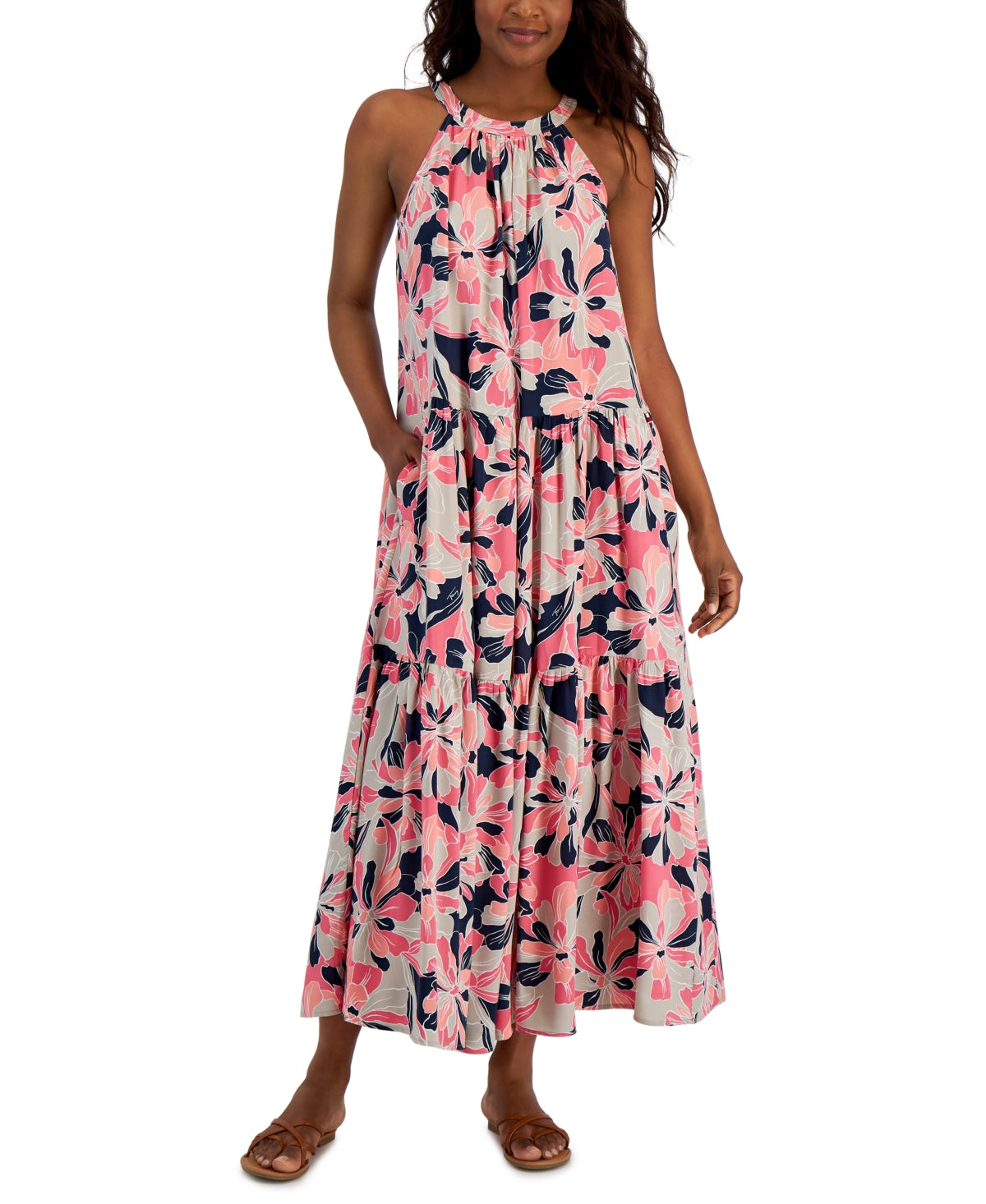 Tommy Hilfiger Women's Floral Print Halter Maxi Dress Pink Size X-Small