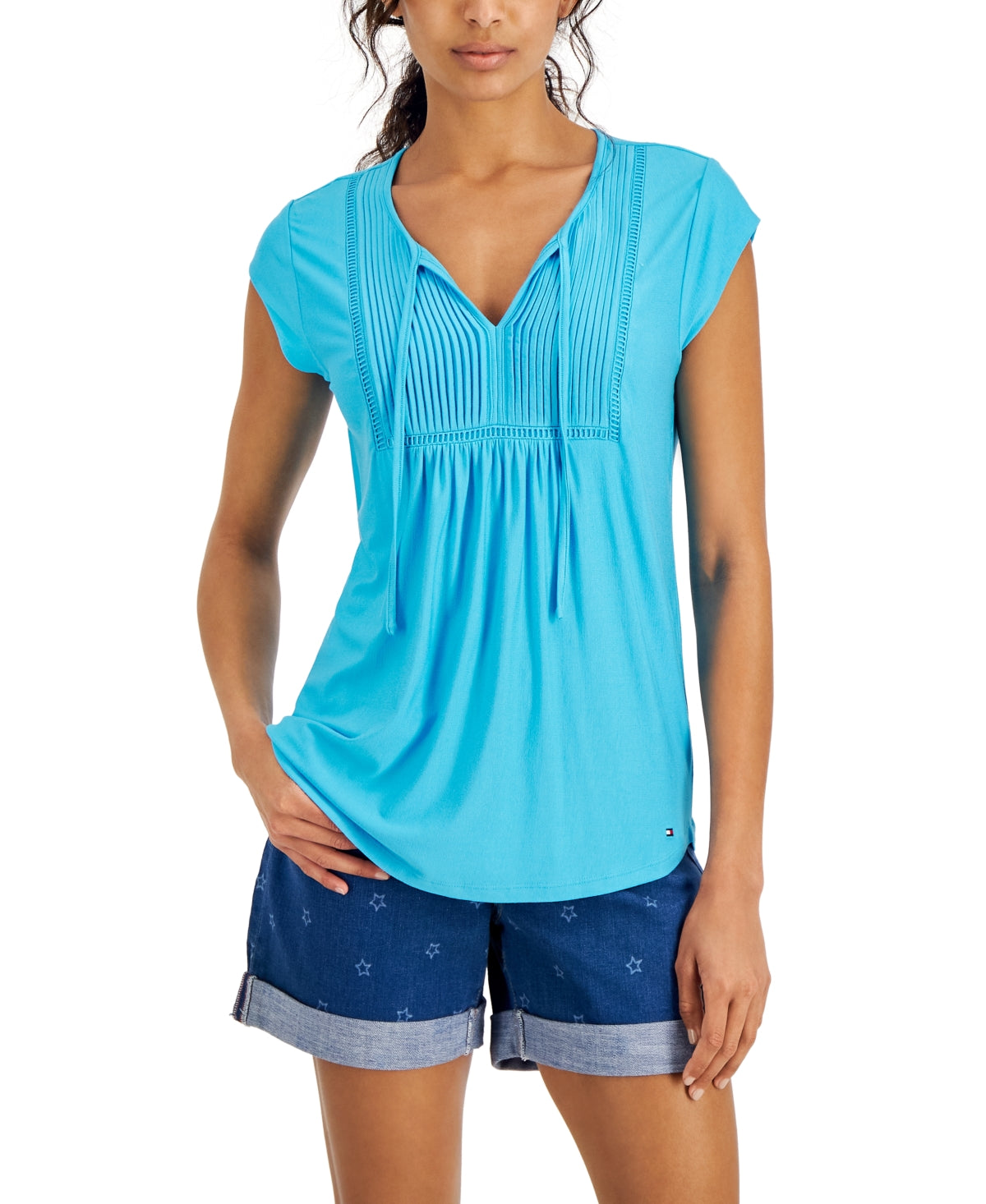 Tommy Hilfiger Women's Pintucked Ladder Trip Top Blue Size XX-Large