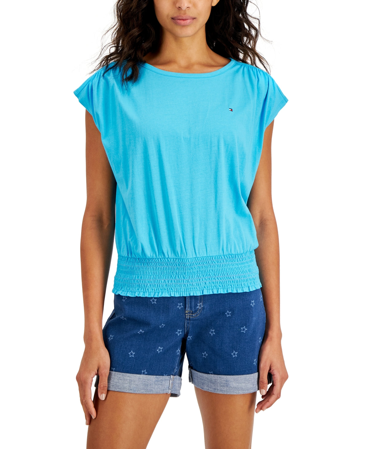 Tommy Hilfiger Women's Solid Smocked Waist Top Blue Size Large