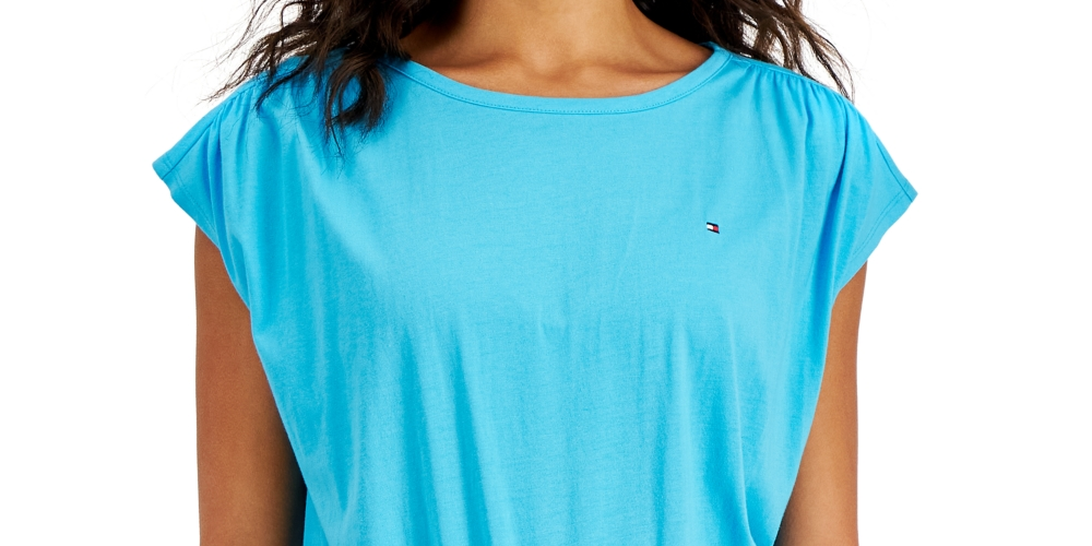 Tommy Hilfiger Women's Solid Smocked Waist Top Blue Size Medium