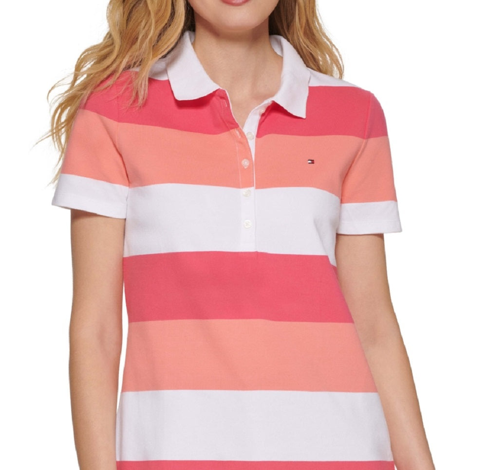 Tommy Hilfiger Women's Short Sleeve Polo Rugby Striped Top Pink Size X Large