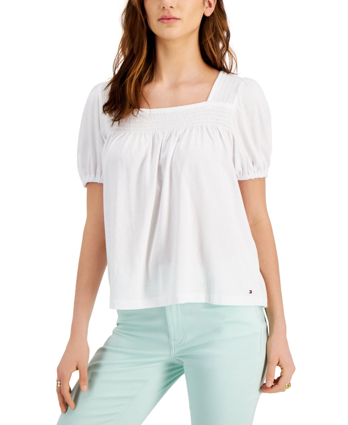 Tommy Hilfiger Women's Puffed Sleeve Square Neck Top White Size Large