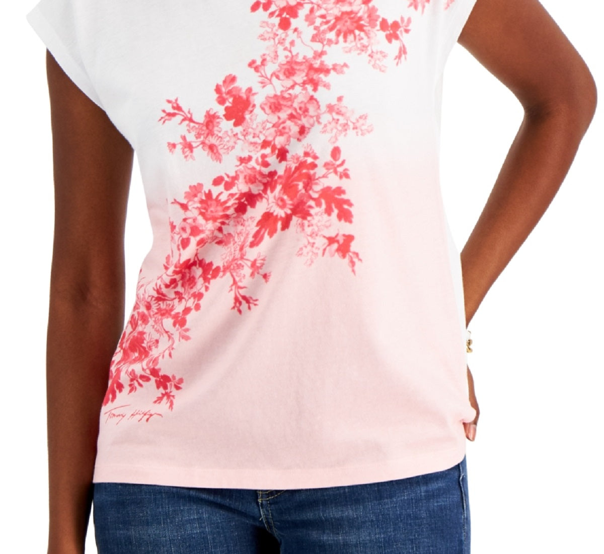 Tommy Hilfiger Women's Ombre Floral Short Sleeve T Shirt Pink Size Medium