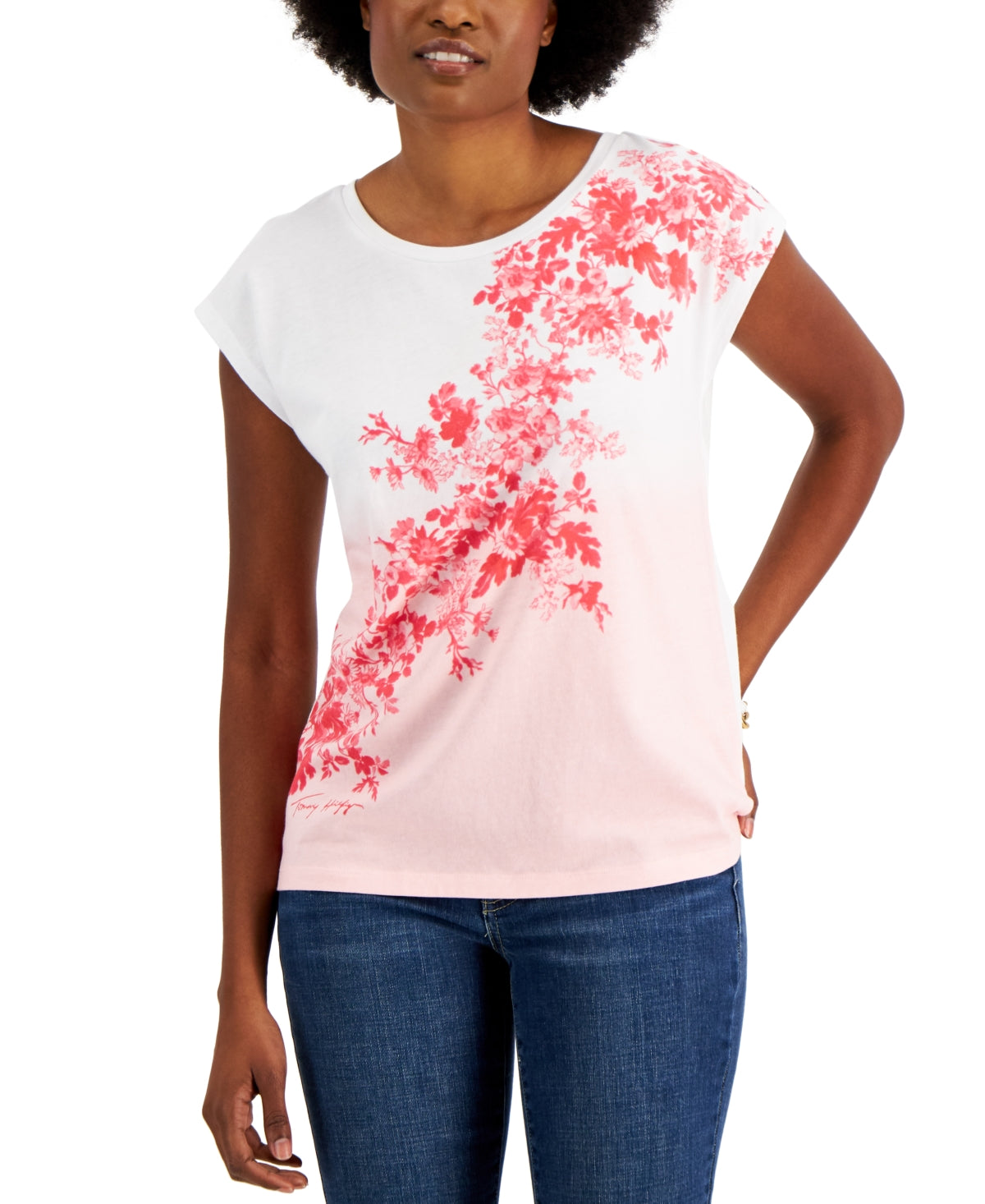 Tommy Hilfiger Women's Ombre Floral Short Sleeve T Shirt Pink Size Medium