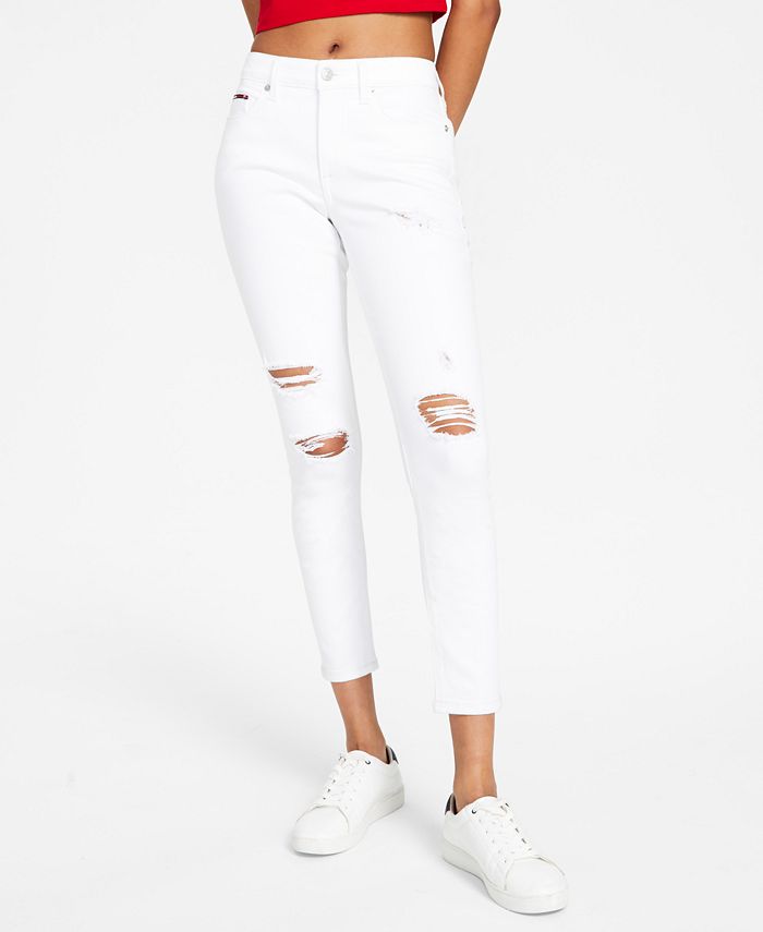 Tommy Jeans Women's Distressed Mid Rise Skinny Ankle Jeans White Size 31