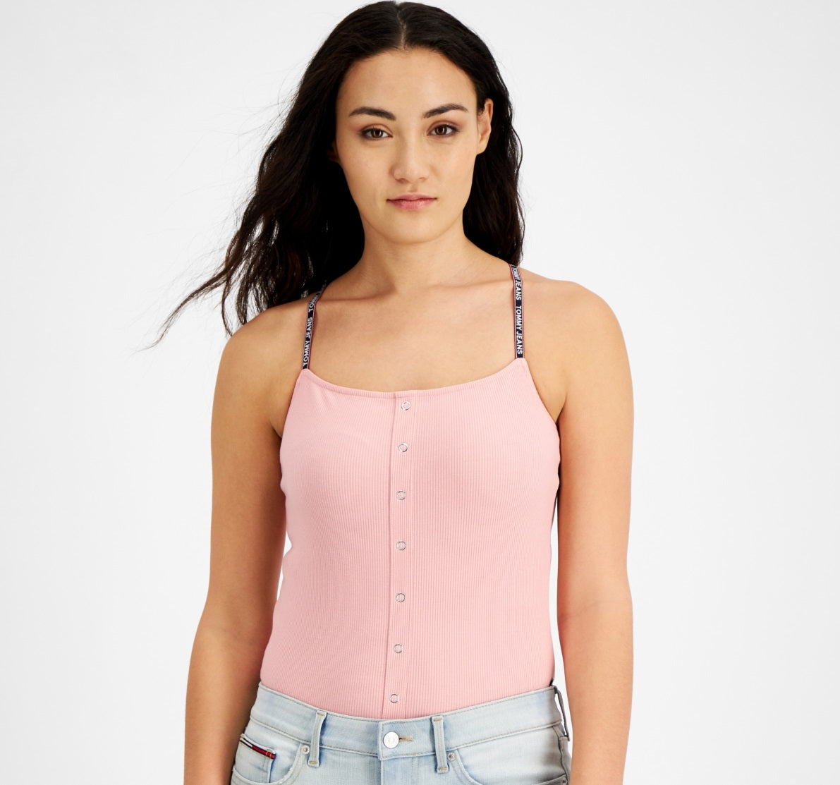 Tommy Jeans Women's Ribbed Spaghetti Strap Bodysuit Pink Size Medium