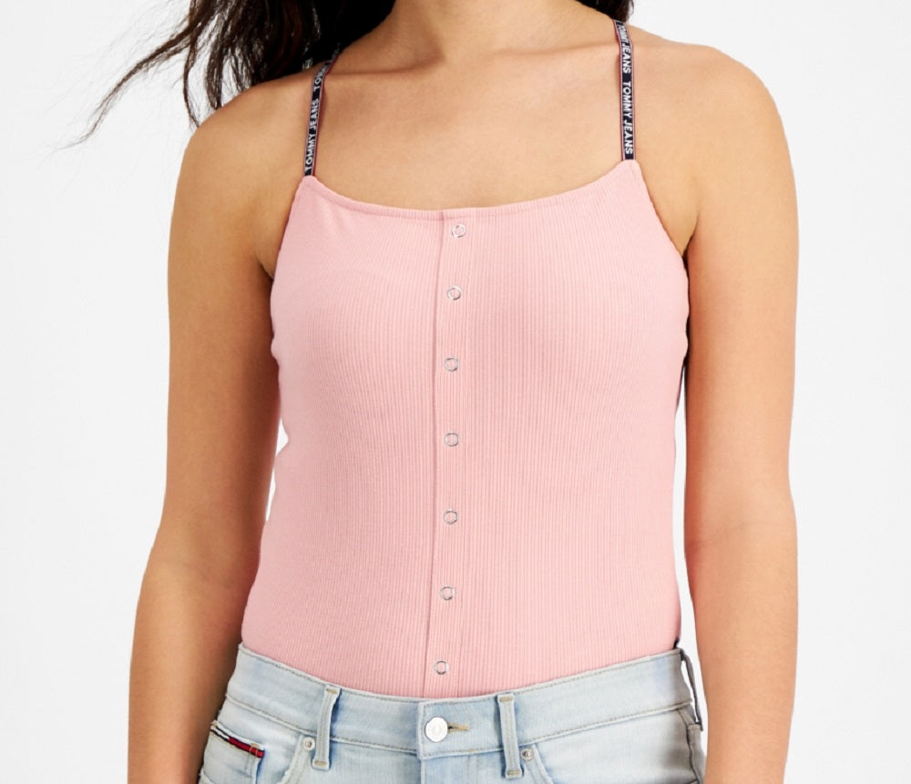 Tommy Jeans Women's Ribbed Spaghetti Strap Bodysuit Pink Size X-Small