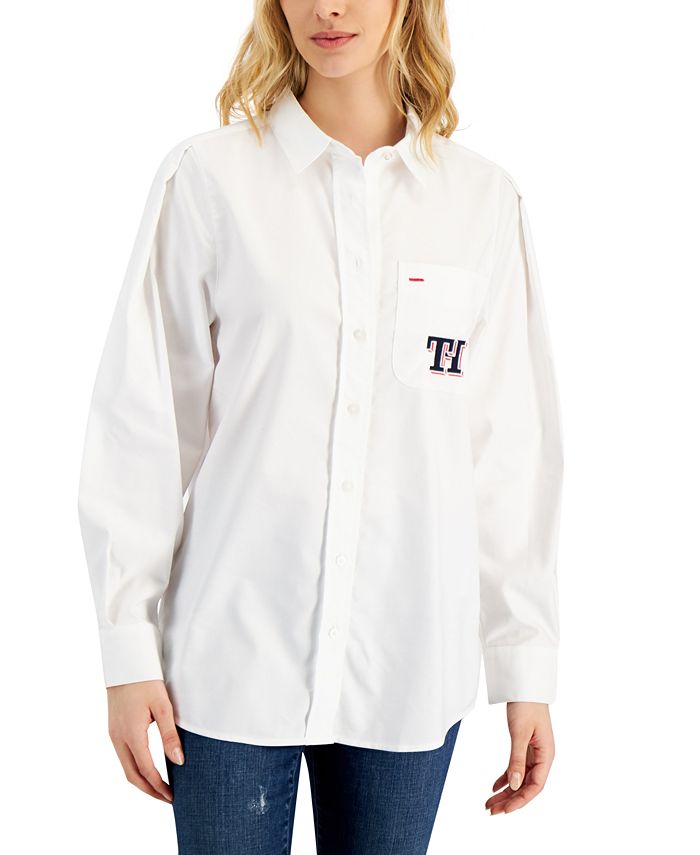 Tommy Hilfiger Women's Cotton Logo Pleated Sleeve Shirt White Size Large
