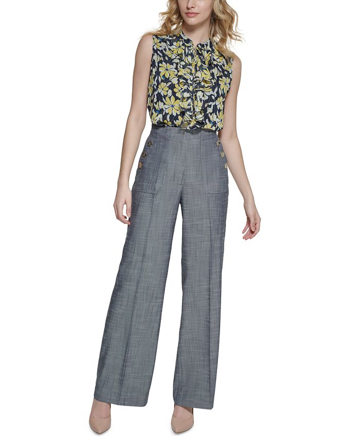 Tommy Hilfiger Women's Button Embellished Wide Leg Pants Blue Size 16