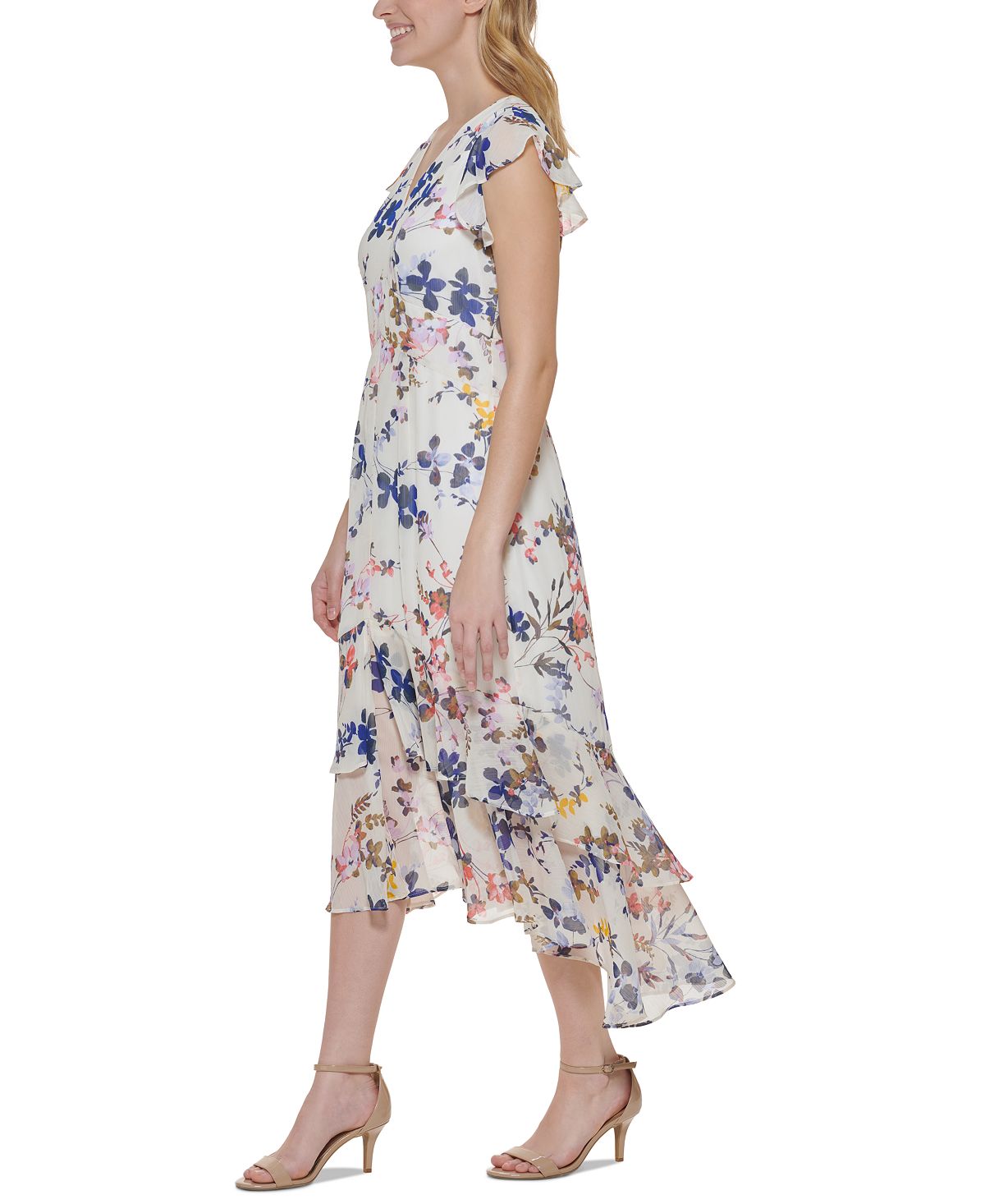 Tommy Hilfiger Women's Floral Woven High Low Midi Dress Beige Size 4Petite