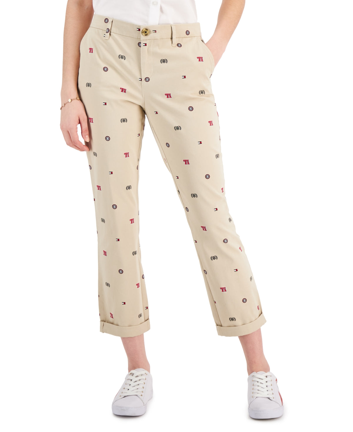 Tommy Hilfiger Women's Th Flex Hampton Logo Print Chino Pants Brown
