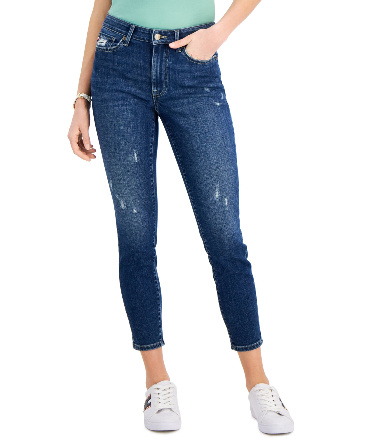 Tommy Hilfiger Women's Curvy Fit Distressed Skinny Ankle Jeans Blue Size 14