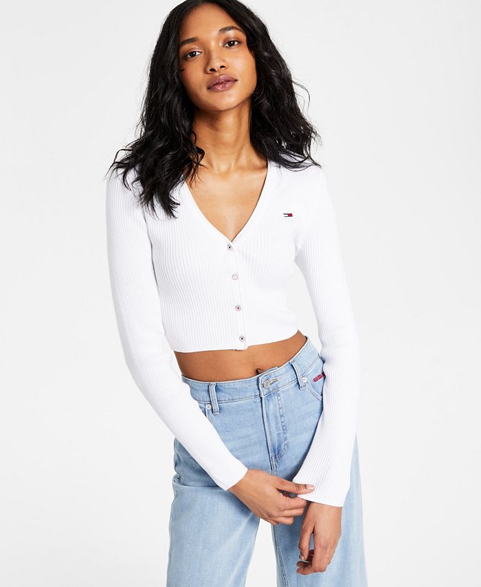 Tommy Jeans Women's Ribbed Cropped Cardigan White Size Medium
