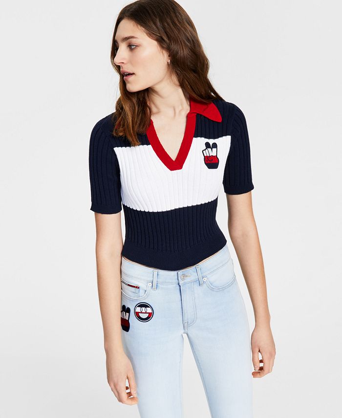 Tommy Jeans Women's Cropped Colorblock Polo Sweater Blue Size X-Large