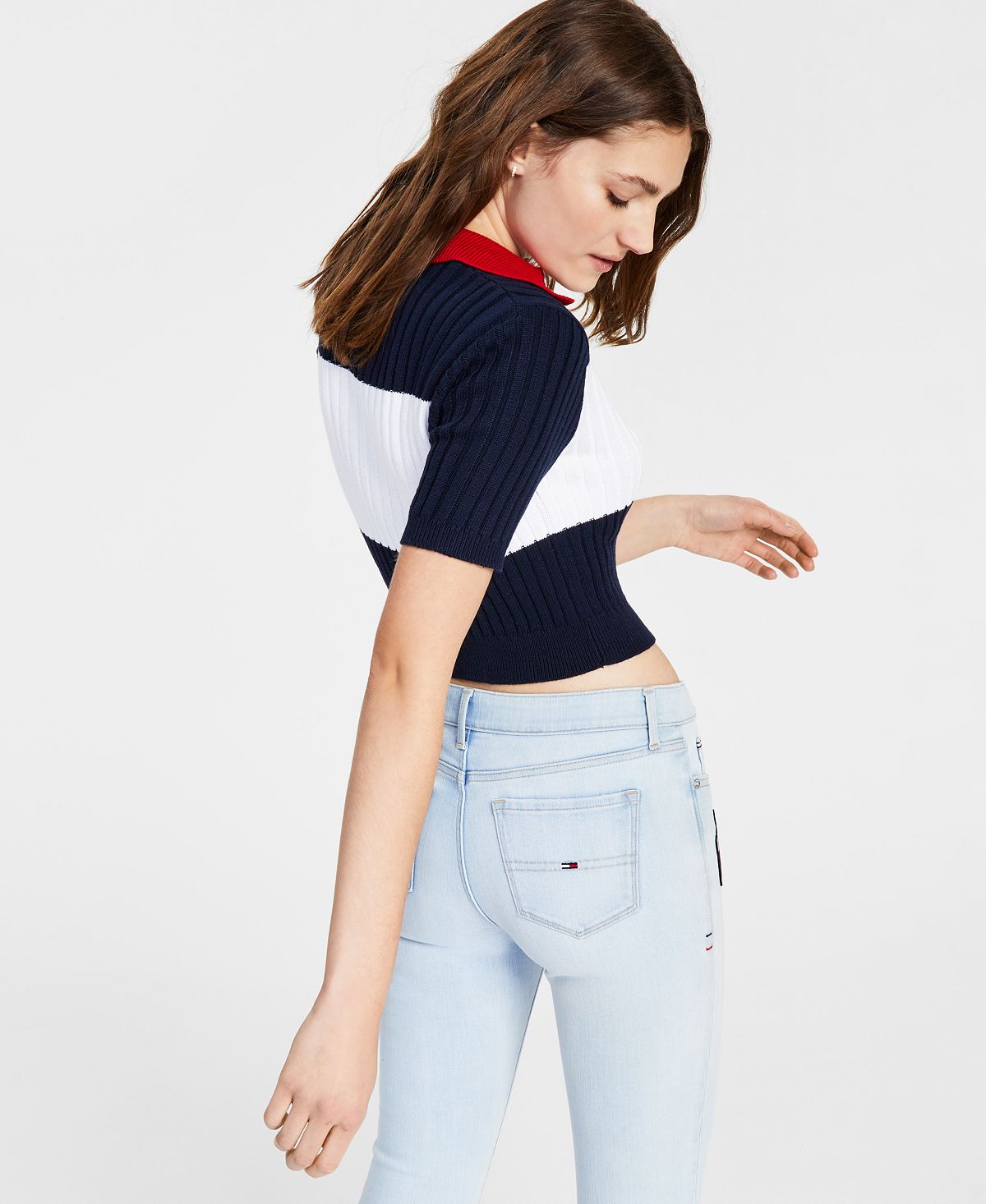 Tommy Jeans Women's Cropped Colorblock Polo Sweater Blue Size X-Large