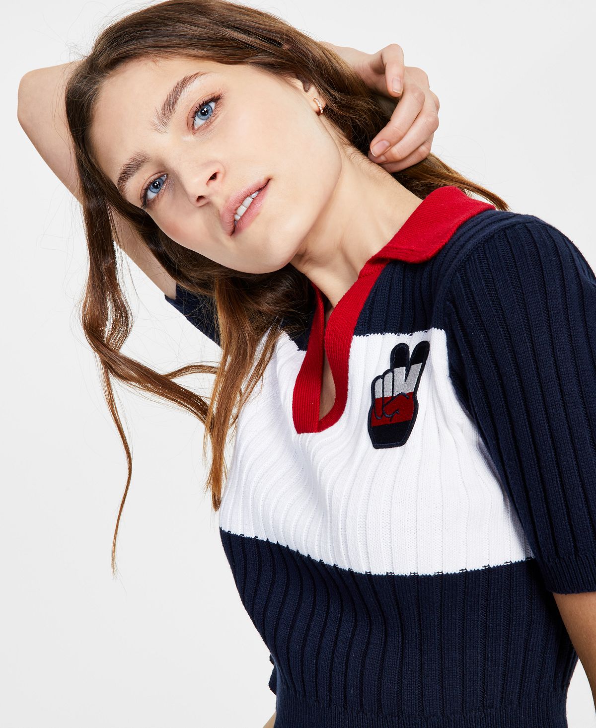 Tommy Jeans Women's Cropped Colorblock Polo Sweater Blue Size X-Large