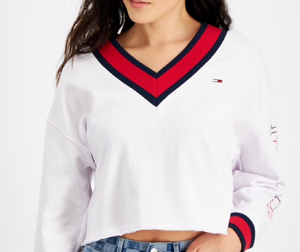 Tommy Jeans Women's Contrast Trim Cropped Sweatshirt White Size Medium