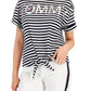 Tommy Hilfiger Women's Tie Front Striped Logo T-Shirt Blue Size Large
