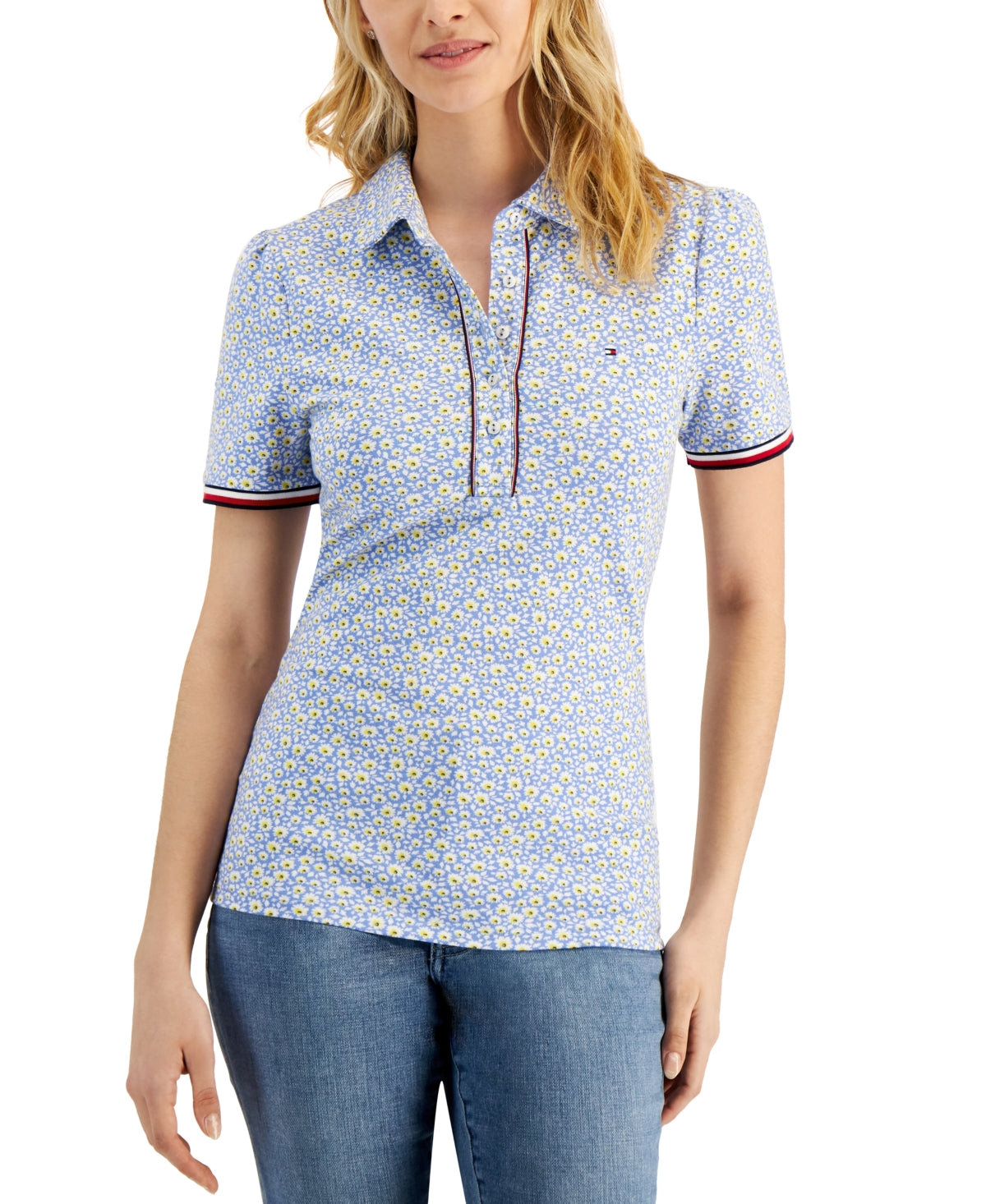 Tommy Hilfiger Women's Puff Sleeve Polo Top Blue Size Large